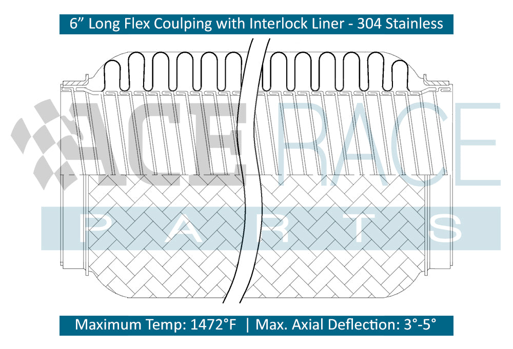 3.500" ID x 6" Long Flex Coupling (Interlock Liner) 304 Stainless