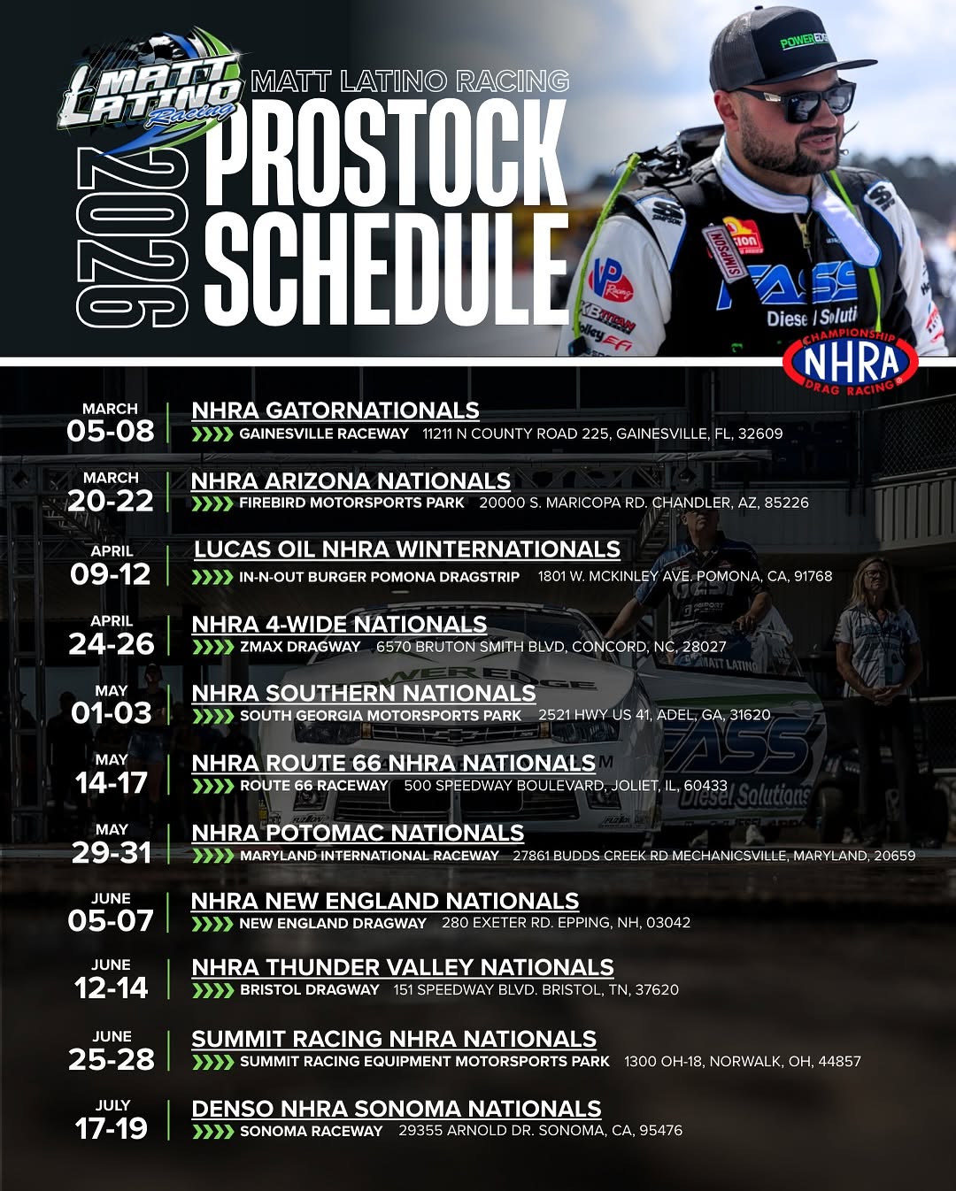 Ace Race Parts × Matt Latino Racing: 2026 NHRA Pro Stock Season Schedule