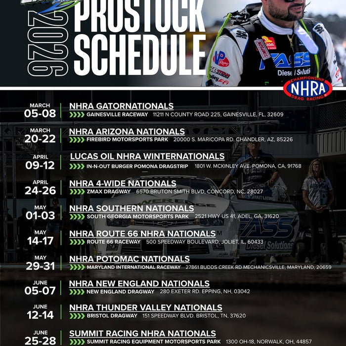 Ace Race Parts × Matt Latino Racing: 2026 NHRA Pro Stock Season Schedule