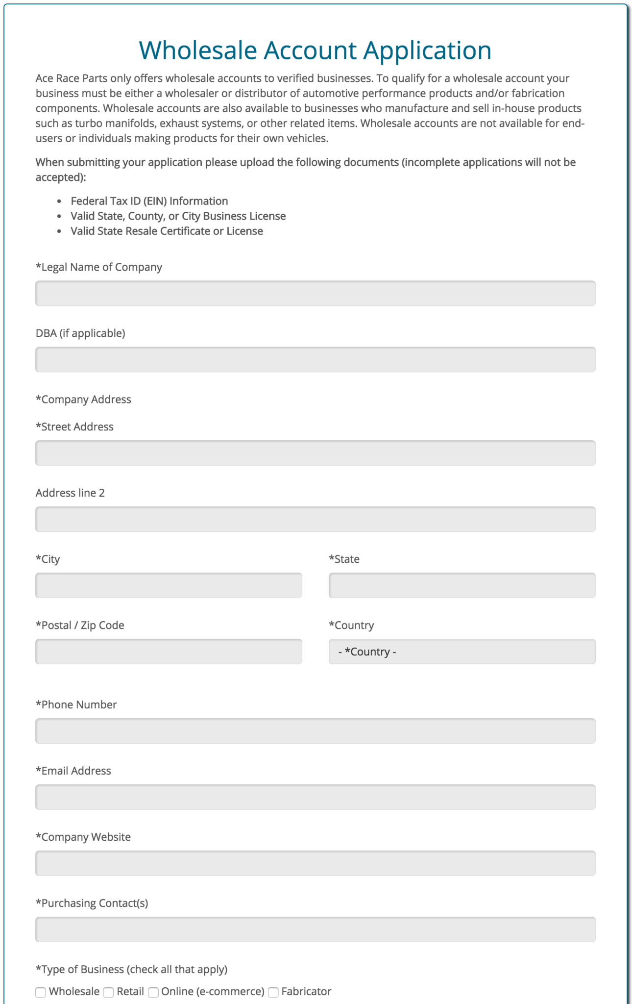 Our New Wholesale Account Application