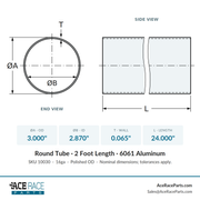 3.000" OD 16ga Round Tube - Polished OD - 6061 Aluminum - 2 Foot Length - Ace Race Parts