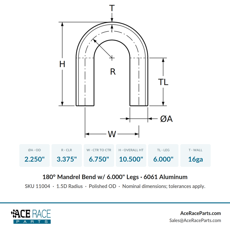 2.250" OD 16ga 180° Mandrel Bend - Polished OD - 6061 Aluminum - (3.375" CLR / 6.000" Legs) - Ace Race Parts