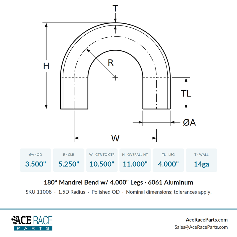 3.500" OD 14ga 180° Mandrel Bend - Polished OD - 6061 Aluminum - (5.250" CLR / 4.000" Legs) - Ace Race Parts