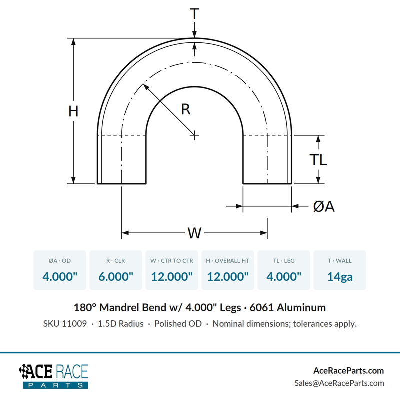 4.000" OD 14ga 180° Mandrel Bend - Polished OD - 6061 Aluminum - (6.000" CLR / 4.000" Legs) - Ace Race Parts