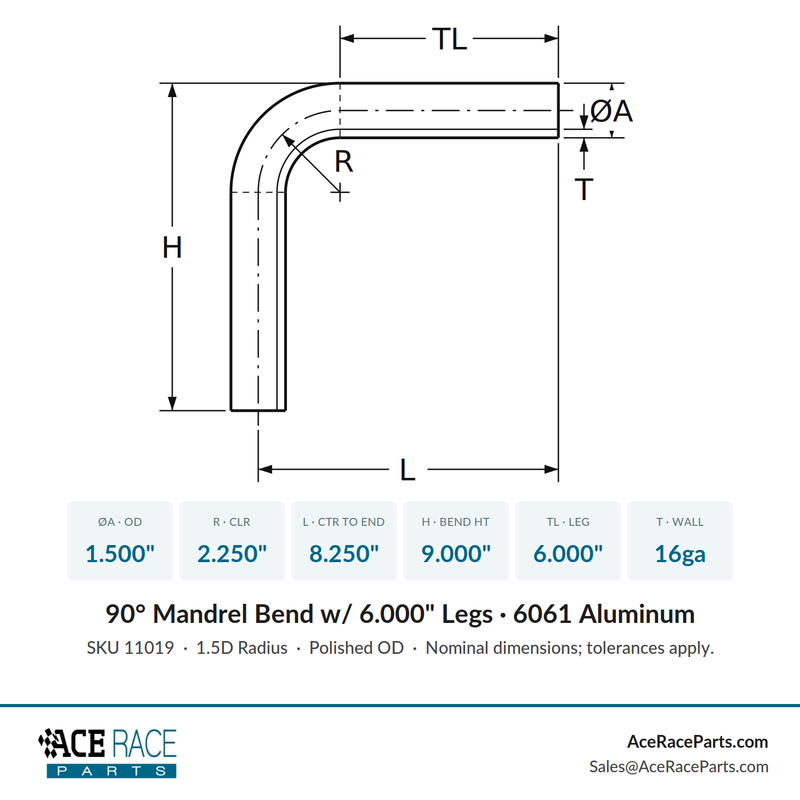 1.500" OD 16ga 90° Mandrel Bend - Polished OD - 6061 Aluminum - (2.250" CLR / 6.000" Legs) - Ace Race Parts