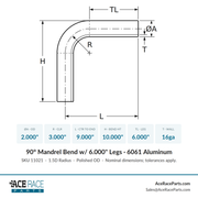 2.000" OD 16ga 90° Mandrel Bend - Polished OD - 6061 Aluminum - (3.000" CLR / 6.000" Legs) - Ace Race Parts
