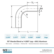 2.250" OD 16ga 90° Mandrel Bend - Polished OD - 6061 Aluminum - (3.375" CLR / 4.000" Legs) - Ace Race Parts