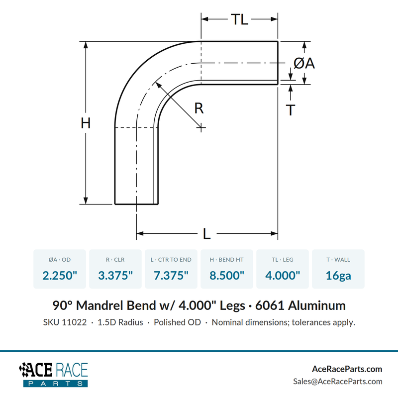 2.250" OD 16ga 90° Mandrel Bend - Polished OD - 6061 Aluminum - (3.375" CLR / 4.000" Legs) - Ace Race Parts