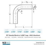 2.500" OD 16ga 90° Mandrel Bend - Polished OD - 6061 Aluminum - (3.750" CLR / 6.000" Legs) - Ace Race Parts