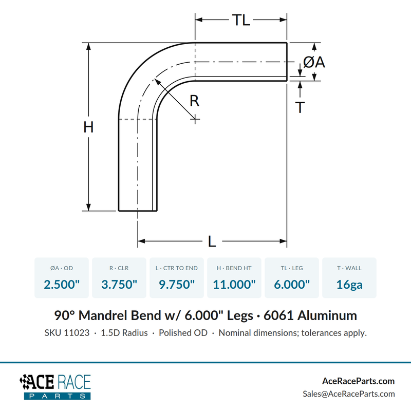 2.500" OD 16ga 90° Mandrel Bend - Polished OD - 6061 Aluminum - (3.750" CLR / 6.000" Legs) - Ace Race Parts