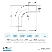 3.500" OD 14ga 90° Mandrel Bend - Polished OD - 6061 Aluminum - (5.250" CLR / 4.000" Legs) - Ace Race Parts