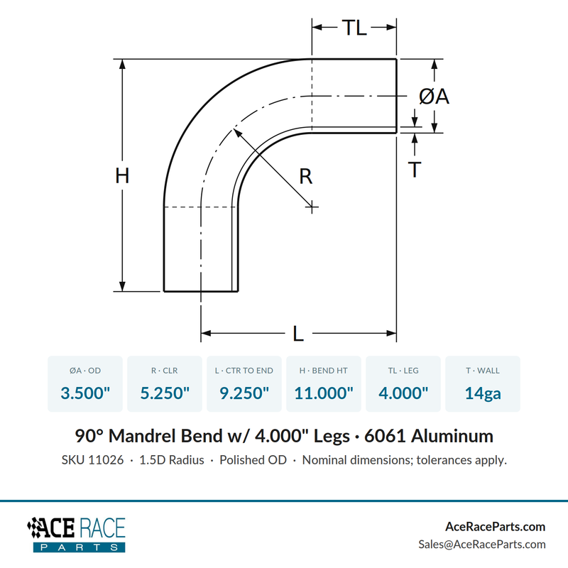 3.500" OD 14ga 90° Mandrel Bend - Polished OD - 6061 Aluminum - (5.250" CLR / 4.000" Legs) - Ace Race Parts