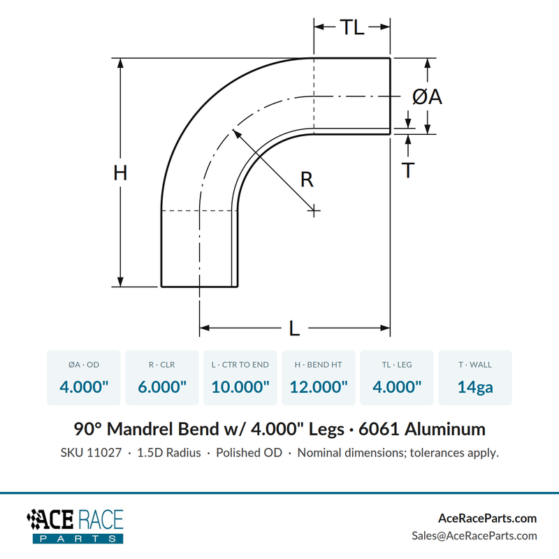 4.000" OD 14ga 90° Mandrel Bend - Polished OD - 6061 Aluminum - (6.000" CLR / 4.000" Legs) - Ace Race Parts