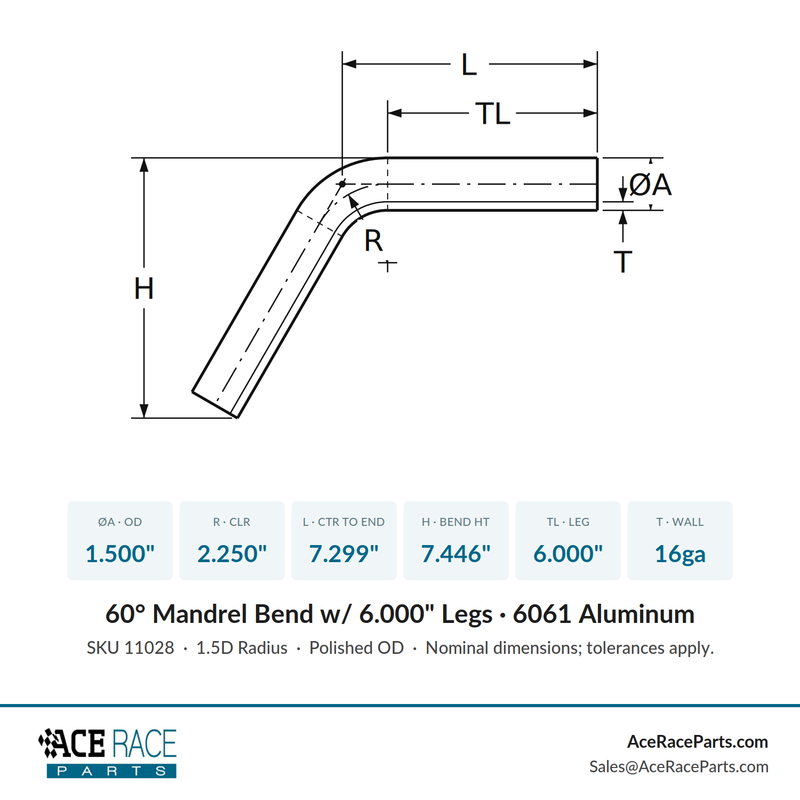1.500" OD 16ga 60° Mandrel Bend - Polished OD - 6061 Aluminum - (2.250" CLR / 6.000" Legs)