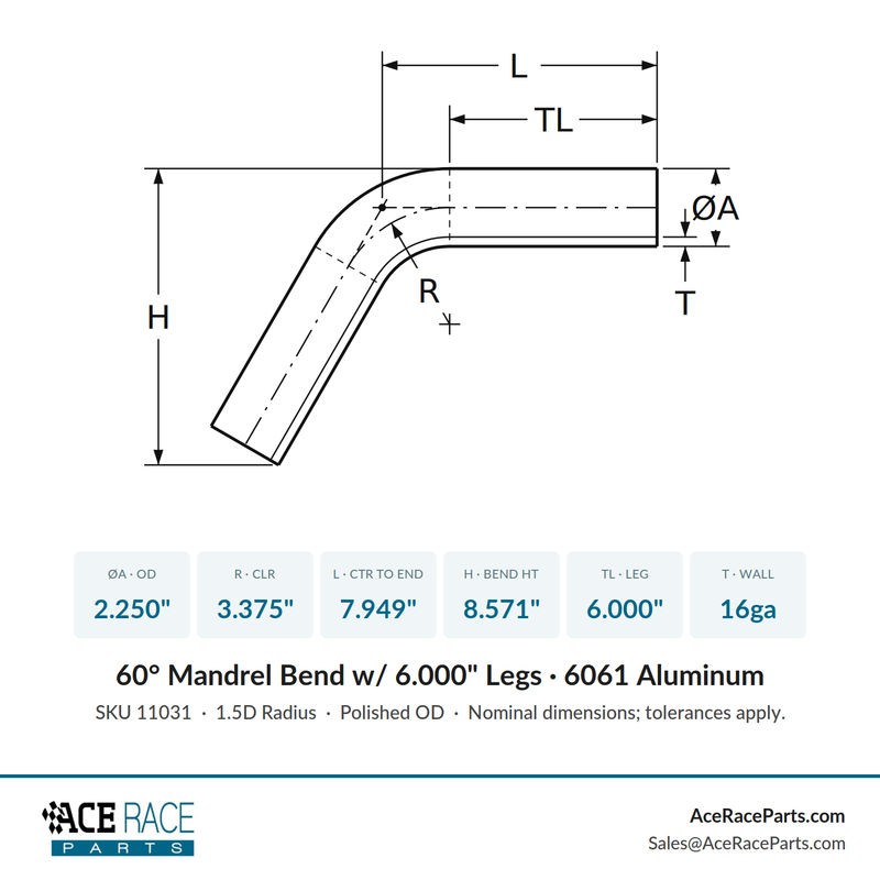 2.250" OD 16ga 60° Mandrel Bend - Polished OD - 6061 Aluminum - (3.375" CLR / 6.000" Legs)