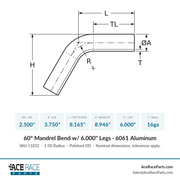 2.500" OD 16ga 60° Mandrel Bend - Polished OD - 6061 Aluminum - (3.750" CLR / 6.000" Legs) - Ace Race Parts