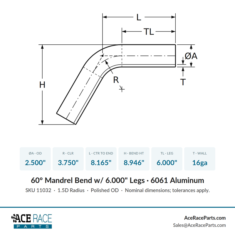 2.500" OD 16ga 60° Mandrel Bend - Polished OD - 6061 Aluminum - (3.750" CLR / 6.000" Legs) - Ace Race Parts