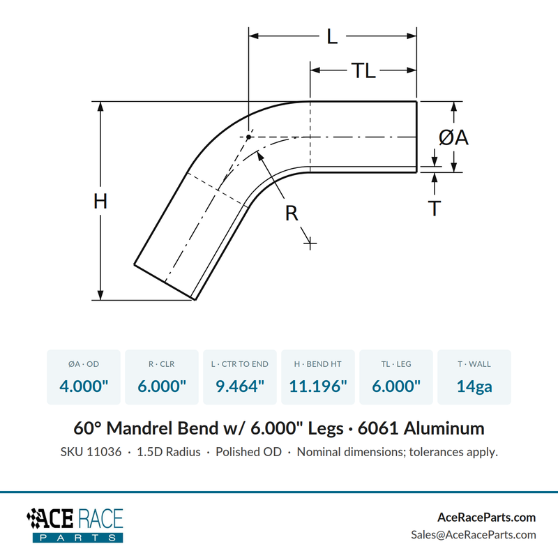 4.000" OD 14ga 60° Mandrel Bend - Polished OD - 6061 Aluminum - (6.000" CLR / 6.000" Legs) - Ace Race Parts