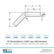 2.000" OD 16ga 45° Mandrel Bend - Polished OD - 6061 Aluminum - (3.000" CLR / 6.000" Legs) - Ace Race Parts