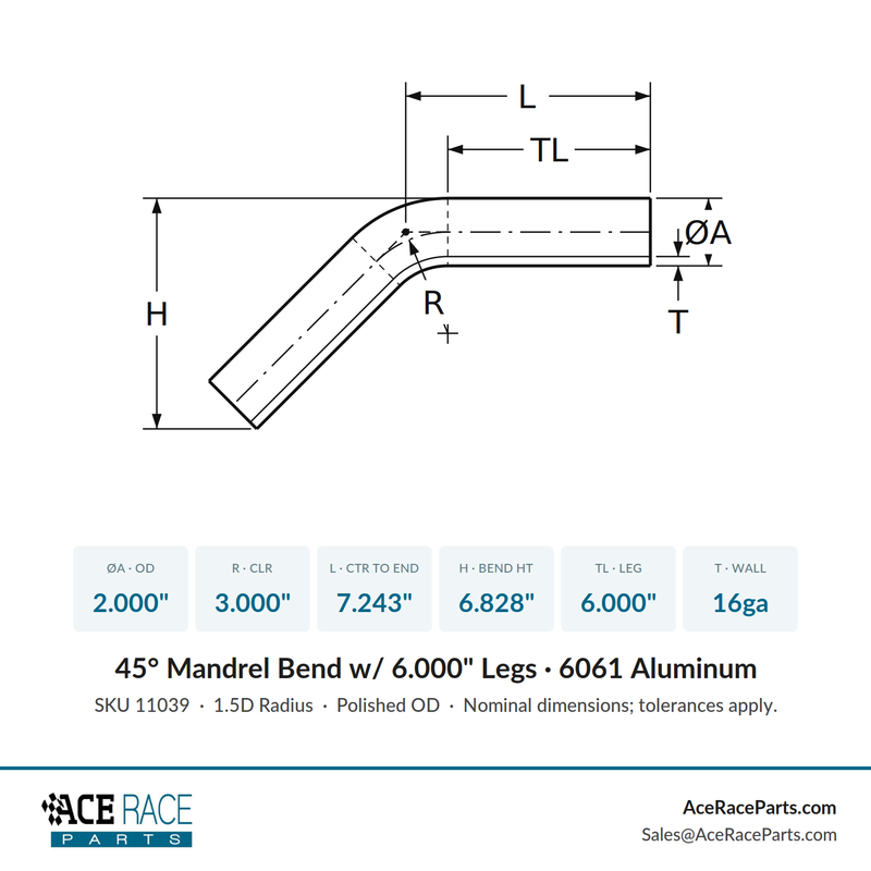 2.000" OD 16ga 45° Mandrel Bend - Polished OD - 6061 Aluminum - (3.000" CLR / 6.000" Legs) - Ace Race Parts
