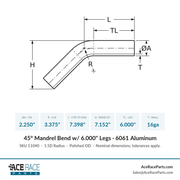 2.250" OD 16ga 45° Mandrel Bend - Polished OD - 6061 Aluminum - (3.375" CLR / 6.000" Legs) - Ace Race Parts