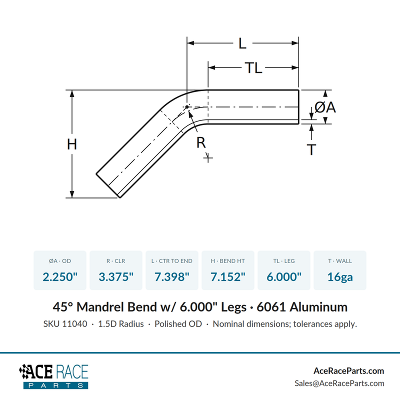 2.250" OD 16ga 45° Mandrel Bend - Polished OD - 6061 Aluminum - (3.375" CLR / 6.000" Legs) - Ace Race Parts