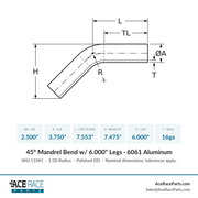 2.500" OD 16ga 45° Mandrel Bend - Polished OD - 6061 Aluminum - (3.750" CLR / 6.000" Legs) - Ace Race Parts