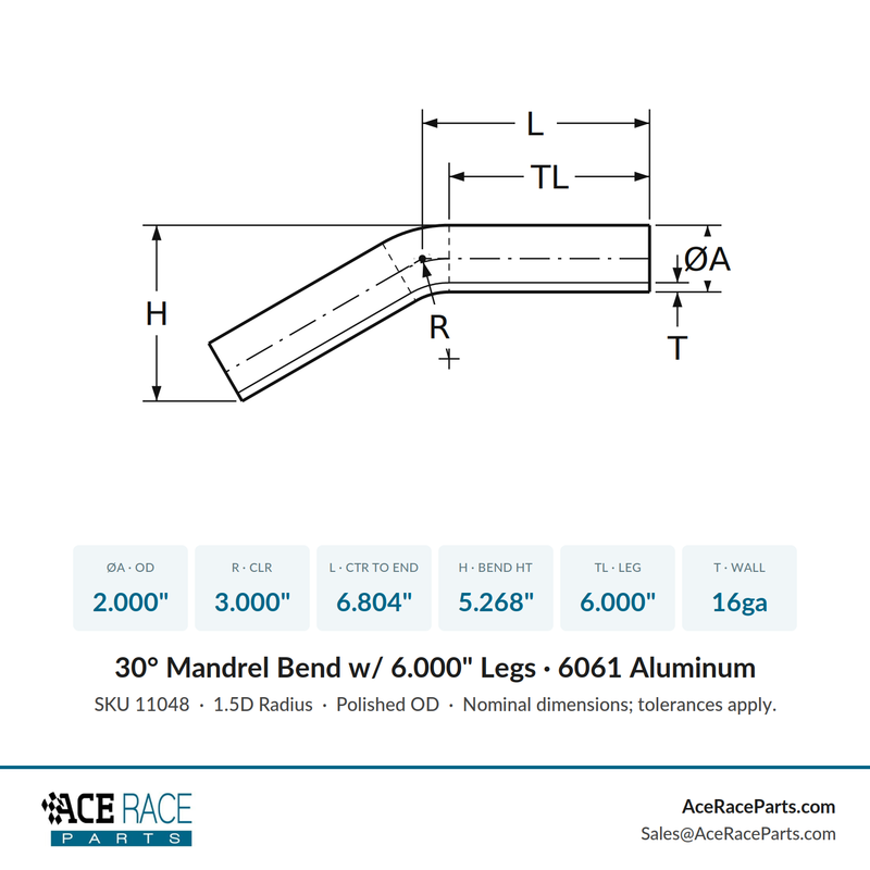 2.000" OD 16ga 30° Mandrel Bend - Polished OD - 6061 Aluminum - (3.000" CLR / 6.000" Legs)