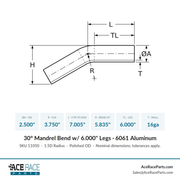 2.500" OD 16ga 30° Mandrel Bend - Polished OD - 6061 Aluminum - (3.750" CLR / 6.000" Legs) - Ace Race Parts