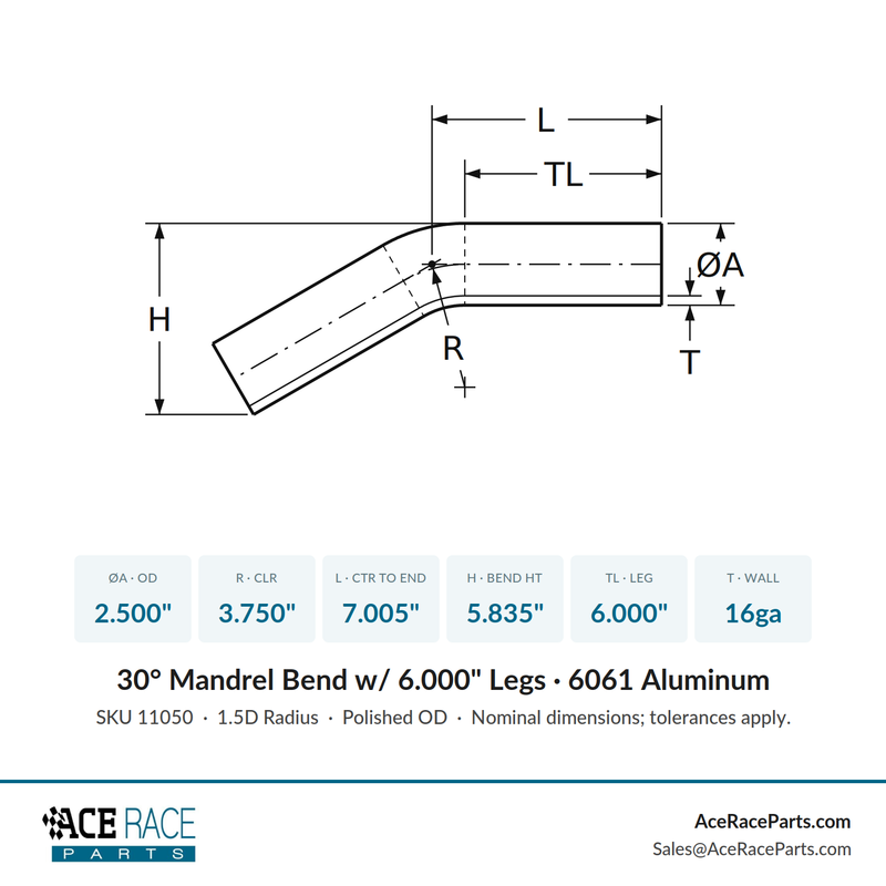 2.500" OD 16ga 30° Mandrel Bend - Polished OD - 6061 Aluminum - (3.750" CLR / 6.000" Legs) - Ace Race Parts