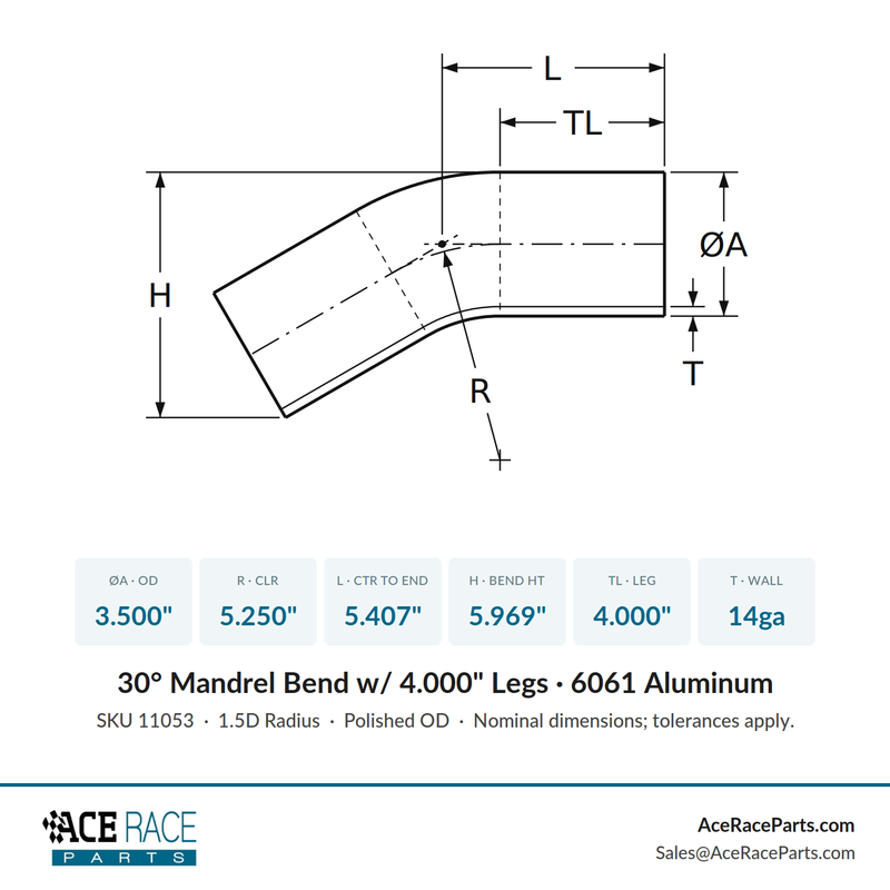 3.500" OD 14ga 30° Mandrel Bend - Polished OD - 6061 Aluminum - (5.250" CLR / 4.000" Legs)