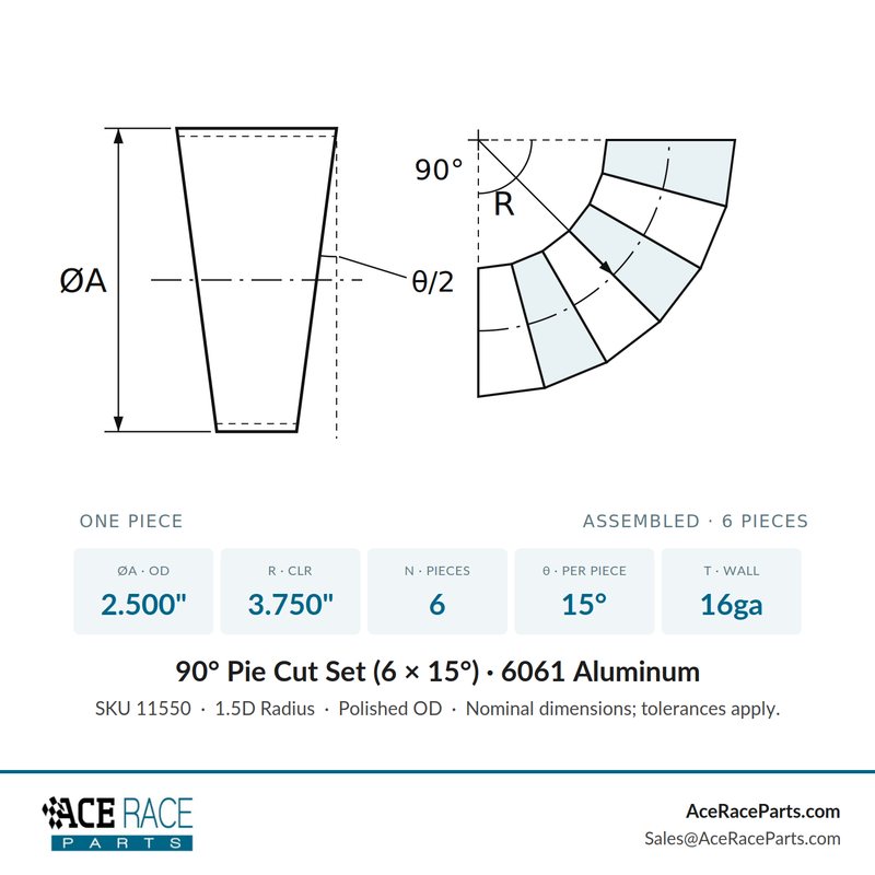 2.500" 16ga Long Radius (1.5D) Pie Cut - Polished OD - Aluminum (90° Bend - 6 Pieces Total) - Ace Race Parts