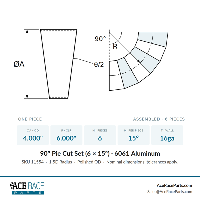 4.000" 16ga Long Radius (1.5D) Pie Cut - Polished OD - Aluminum (90° Bend - 6 Pieces Total)