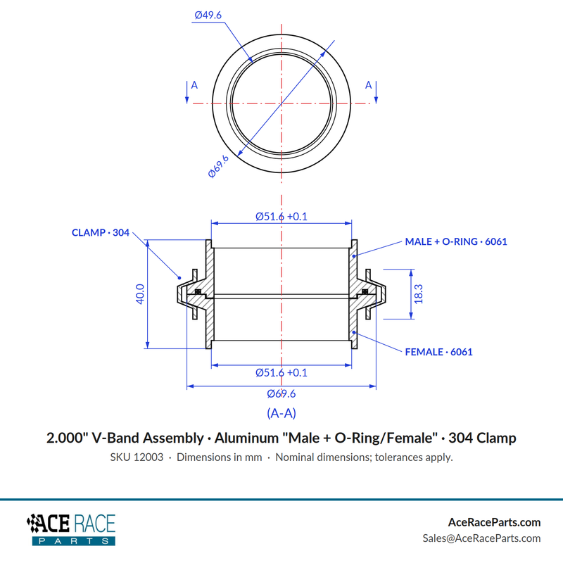 2.000" V-Band Assembly - Aluminum "Male + O-Ring/Female" Flanges, 304 Stainless Clamp - Ace Race Parts