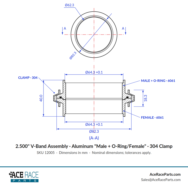 2.500" V-Band Assembly - Aluminum "Male + O-Ring/Female" Flanges, 304 Stainless Clamp - Ace Race Parts