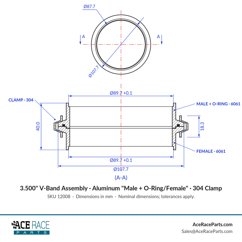 3.500" V-Band Assembly - Aluminum "Male + O-Ring/Female" Flanges, 304 Stainless Clamp - Ace Race Parts