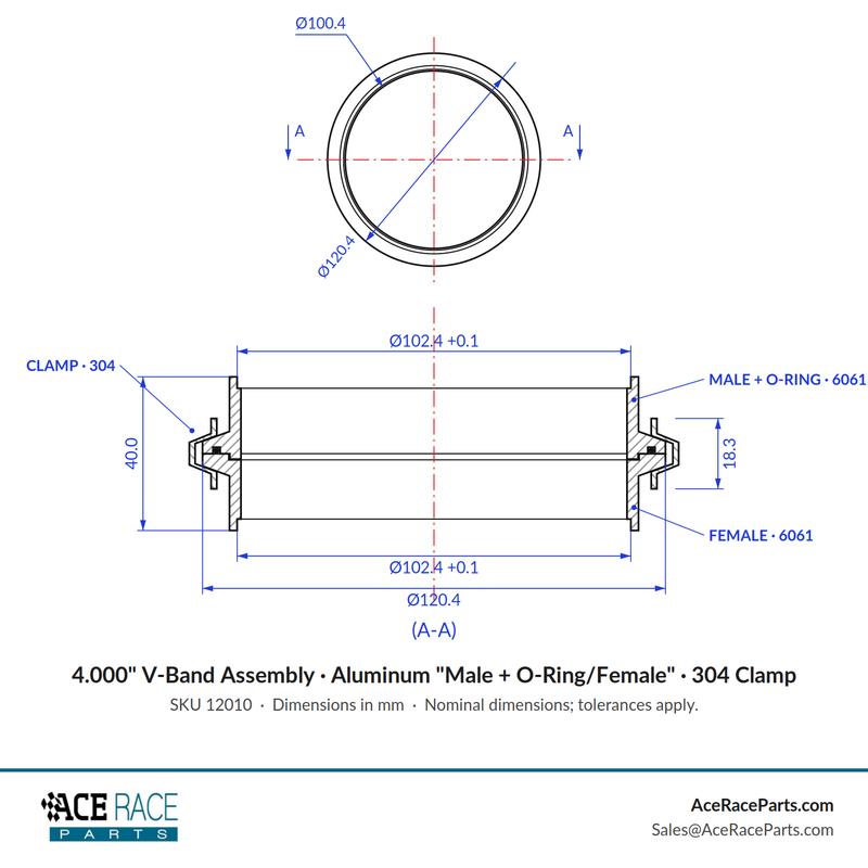 4.000" V-Band Assembly  - Aluminum "Male + O-Ring/Female" Flanges, 304 Stainless Clamp - Ace Race Parts