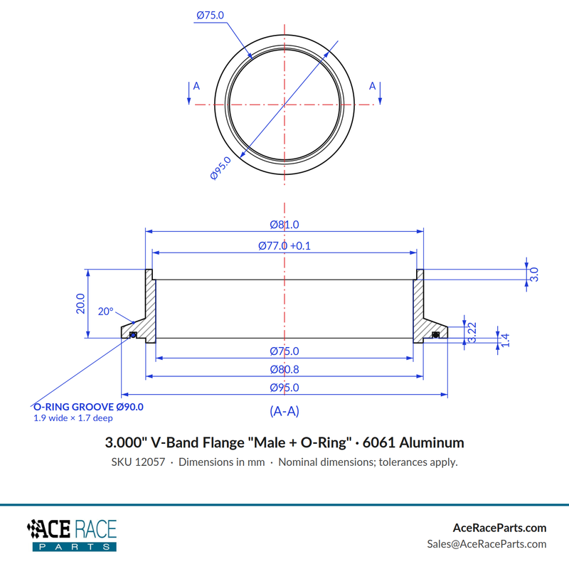 3.000" V-Band Flange "Male + O-Ring" 6061 Aluminum