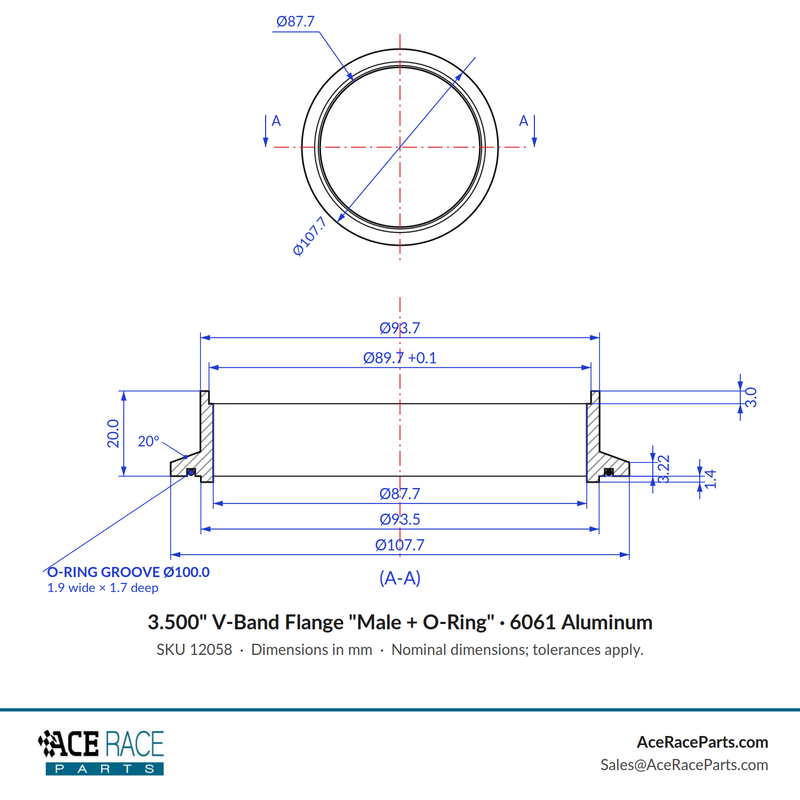 3.500" V-Band Flange "Male + O-Ring" 6061 Aluminum