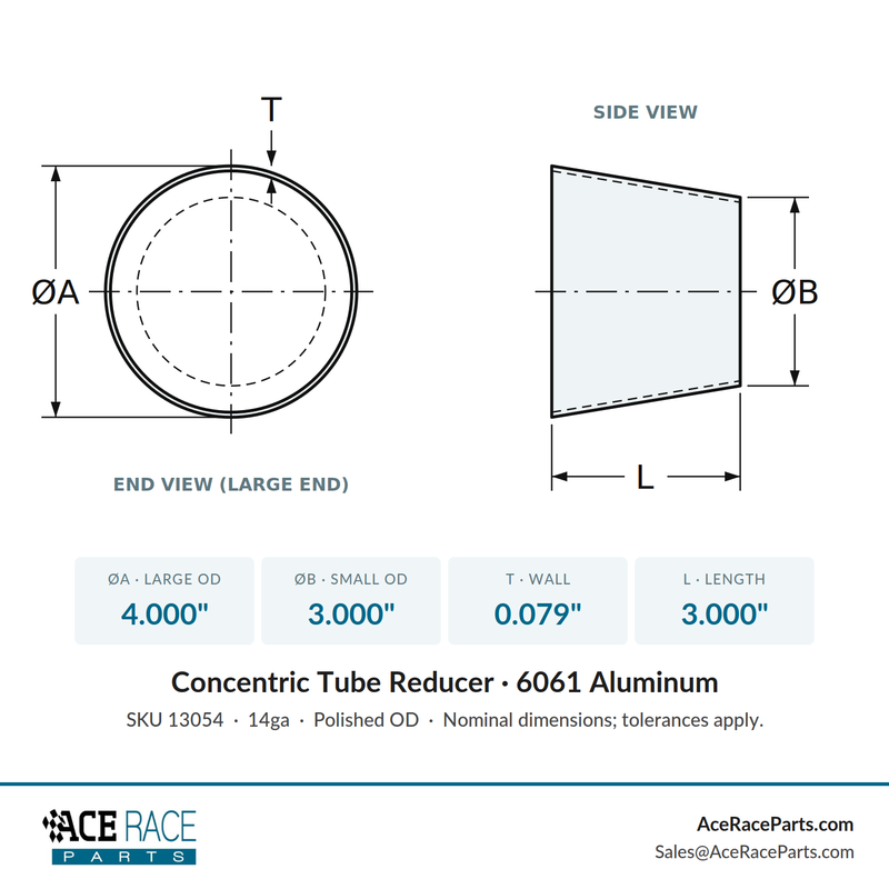 4.000" OD x 3.000" OD 14ga Reducer - Polished OD - 6061 Aluminum - (3.000" Long)