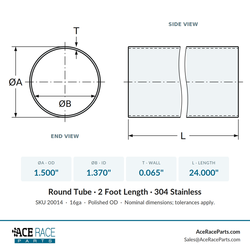 1.500" OD x 16ga (0.065") Round Tube - Polished OD - 304 Stainless - 2 Foot Length - Ace Race Parts