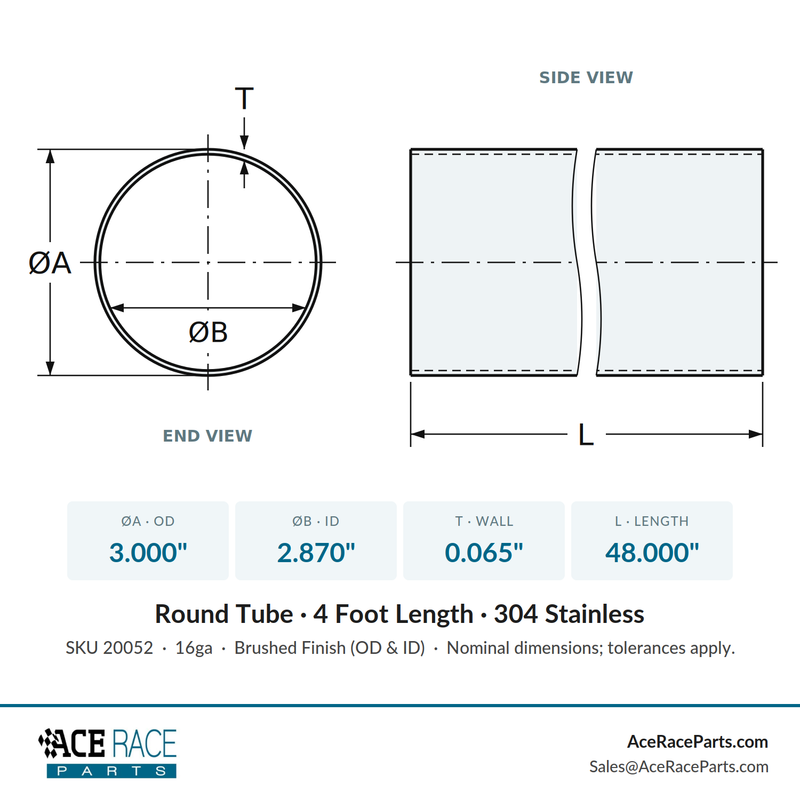 3.000" OD x 16ga (0.065") Round Tube - Brushed Finish - 304 Stainless - 4 Foot Length - Ace Race Parts