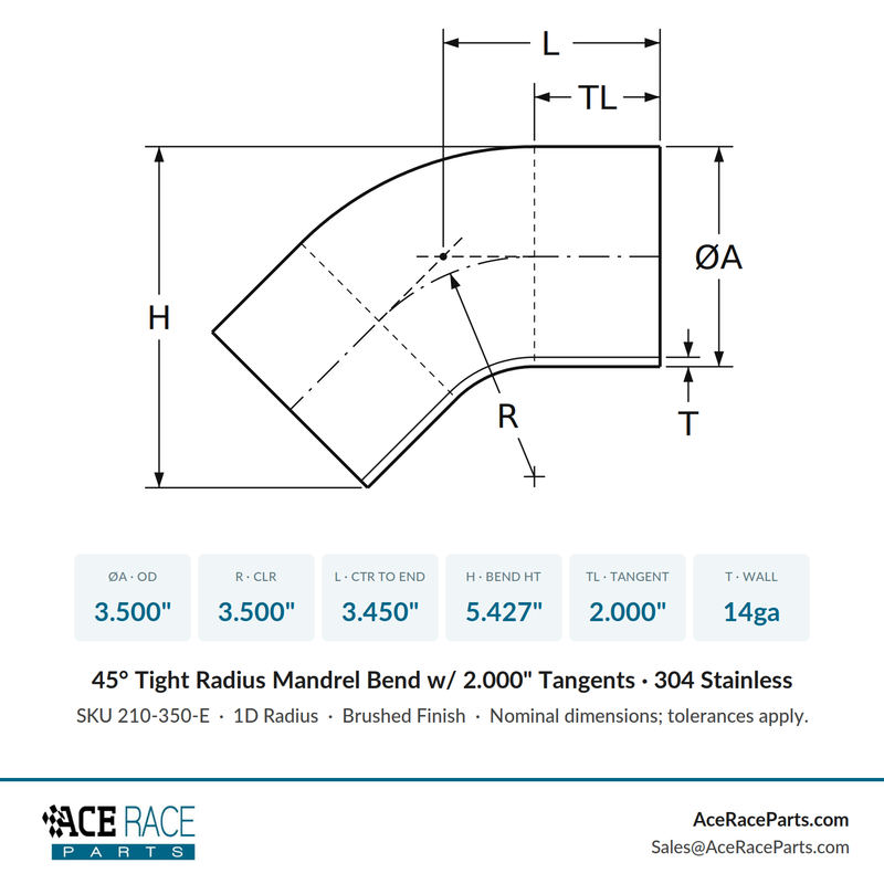 3.500" 14ga Tight Radius 45° Mandrel Bend w/ 2" Tangents - (3.500" CLR) - Brushed Finish - 304 Stainless
