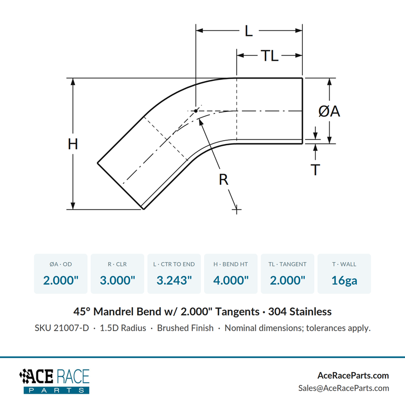 2.000" 16ga 45° Mandrel Bend w/ 2" Tangents - (3.000" CLR) - Brushed Finish - 304 Stainless