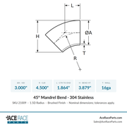 3.000" 16ga 45° Mandrel Bend - (4.500" CLR) - Brushed Finish - 304 Stainless - Ace Race Parts