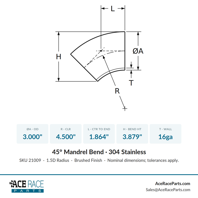 3.000" 16ga 45° Mandrel Bend - (4.500" CLR) - Brushed Finish - 304 Stainless - Ace Race Parts