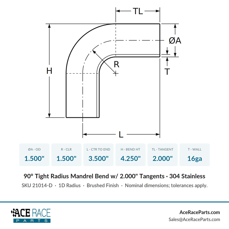 1.500" 16ga Tight Radius 90° Mandrel Bend w/ 2" Tangents - (1.500" CLR) - Brushed Finish - 304 Stainless