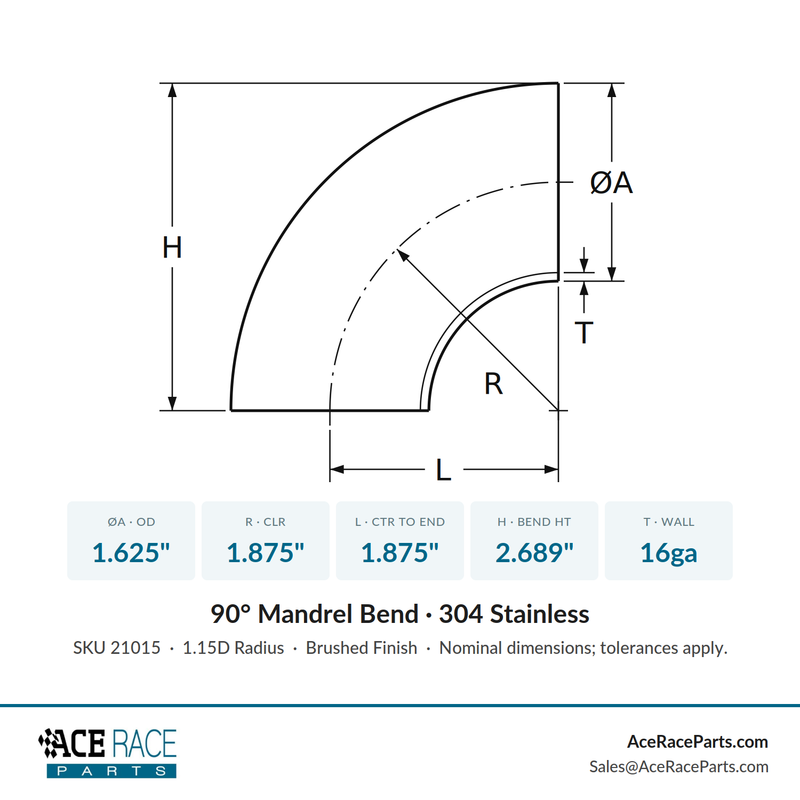 1.625" 16ga 90° Mandrel Bend - (1.875" CLR) - Brushed Finish - 304 Stainless