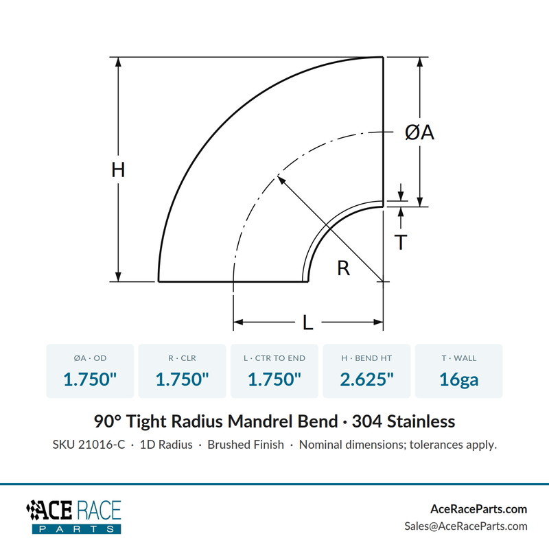 1.750" 16ga Tight Radius 90° Mandrel Bend - (1.750" CLR) - Brushed Finish - 304 Stainless