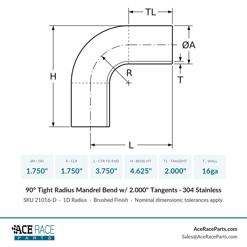 1.750" 16ga Tight Radius 90° Mandrel Bend w/ 2" Tangents - (1.750" CLR) - Brushed Finish - 304 Stainless